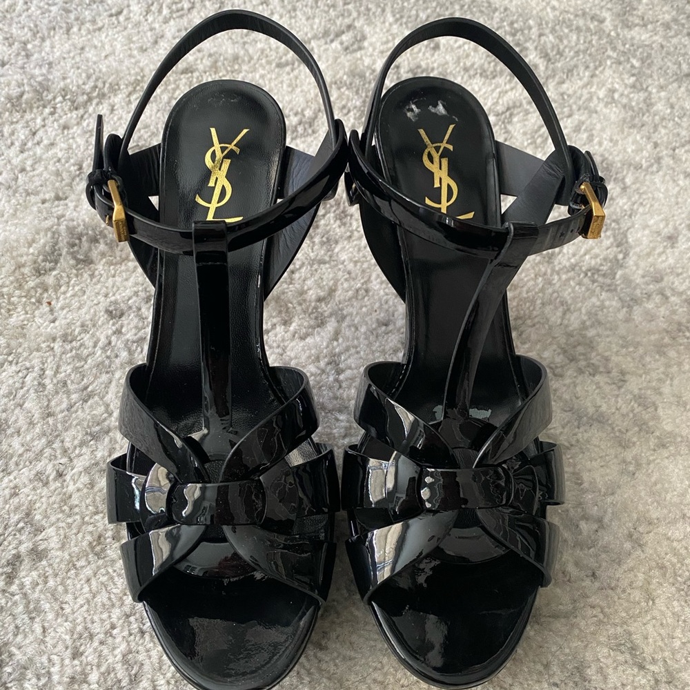 YSL Black Patent Leather Tribute Heeled Sandals Sz 41